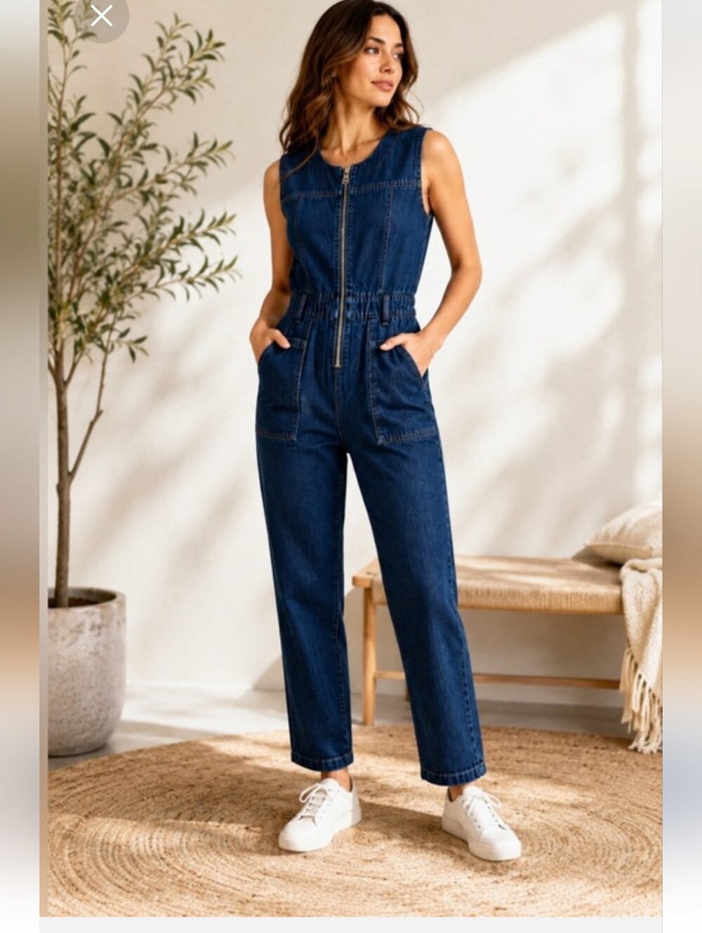 Universal Dark Blue Denim Zip-Front Sleeveless Jumpsuit